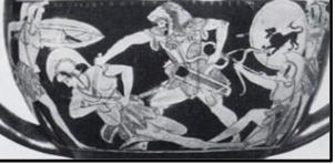 Figure 3. Attic red figure kantharos depicting Heracles stabbing an amazon in the breast as she falls-notice the awkwardness of the movement and the unnatural angle created (Von Bothmer 1957, Pl. LXX.4a).